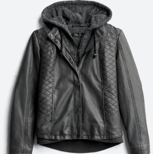 NWT XS Mo-Ka knit hood gray faux leather jacket